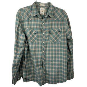 Fossil Vintage Fit Aqua Beige Plaid Long Sleeve Pearl Snap Shirt Men's Lg EUC